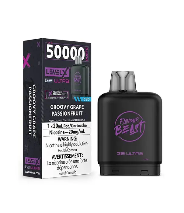 level X Groovy Grape Passionfruit Ice Flavour Beast Level X G2 50k Disposable Vape Pod