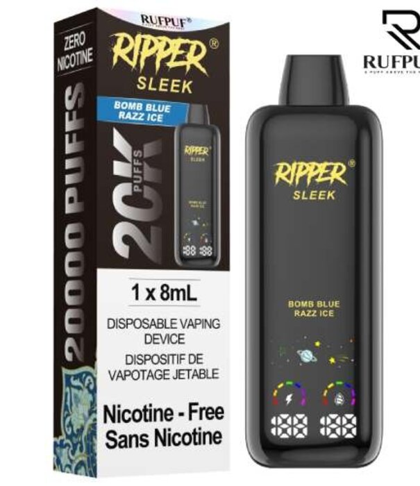 Ripper Bomb Blue Razz Ice Zero Nicotine Ripper Sleek 20k Rechargeable Disosable