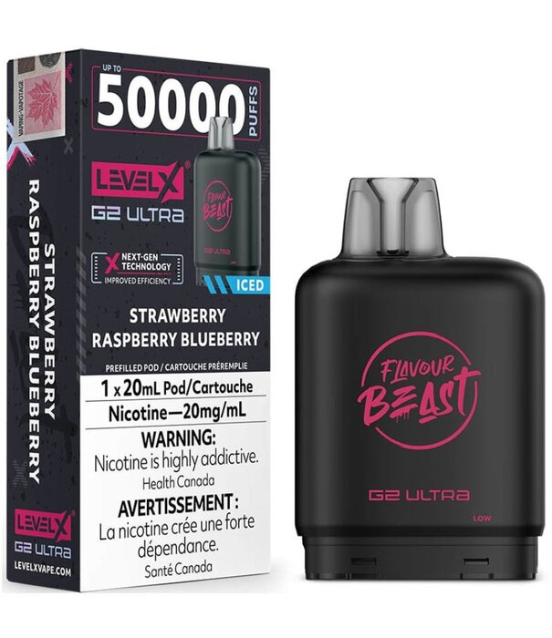 level X Strawberry Raspberry Blueberry Ice Flavour Beast Level X G2 Ultra 50k Disposable Vape Pod