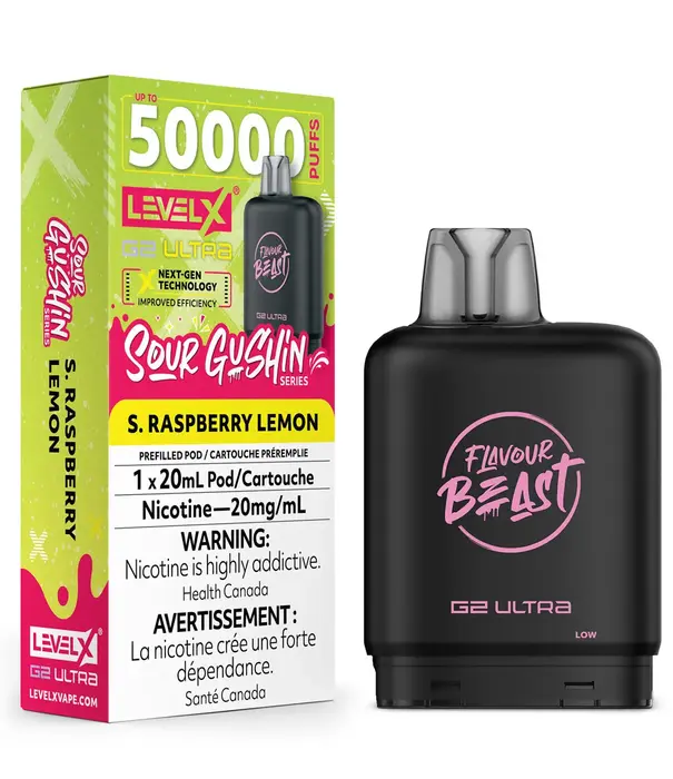 level X S Raspberry Lemon Flavour Beast Sour Gushin Level X G2 Ultra 50k Disposable Vape Pod