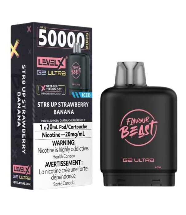 level X Str8 Up Strawberry Banana Ice Flavour Beast Level X G2 Ultra 50k Disposable Vape Pod