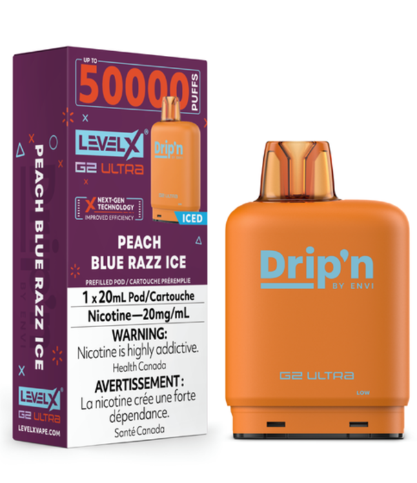 level X Peach Blur Razz Ice Drip’N Level X G2 Ultra 50k Disposable Vape Pod