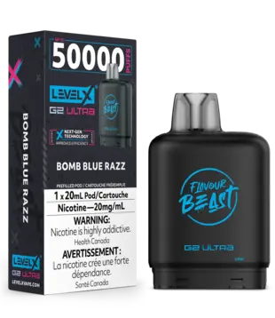 Bomb Blue Razz Zero Nic Flavour Beast Level X G2 Ultra 50k Disposable Vape Pod