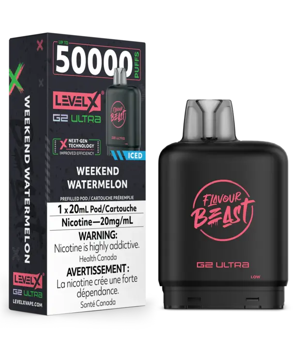 level X Weekend Watermelon Ice Zero Nic Flavour Beast Level X G2 Ultra 50k Disposable Vape Pod