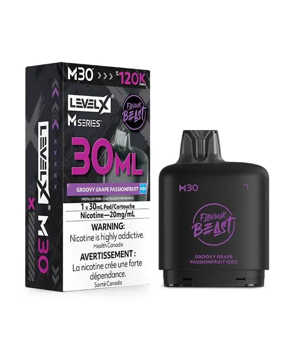 level X Groovy Grape Passionfruit Ice Flavour Beast Level.  M-Series 120k Disposable Vape Pod