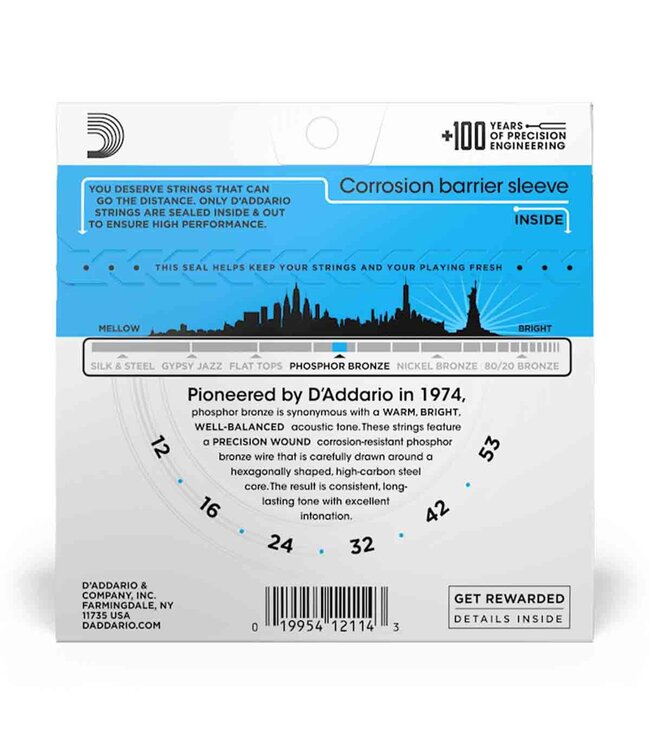 D'Addario EJ16 Phosphor Bronze Acoustic Guitar Strings - .012-.053 Light