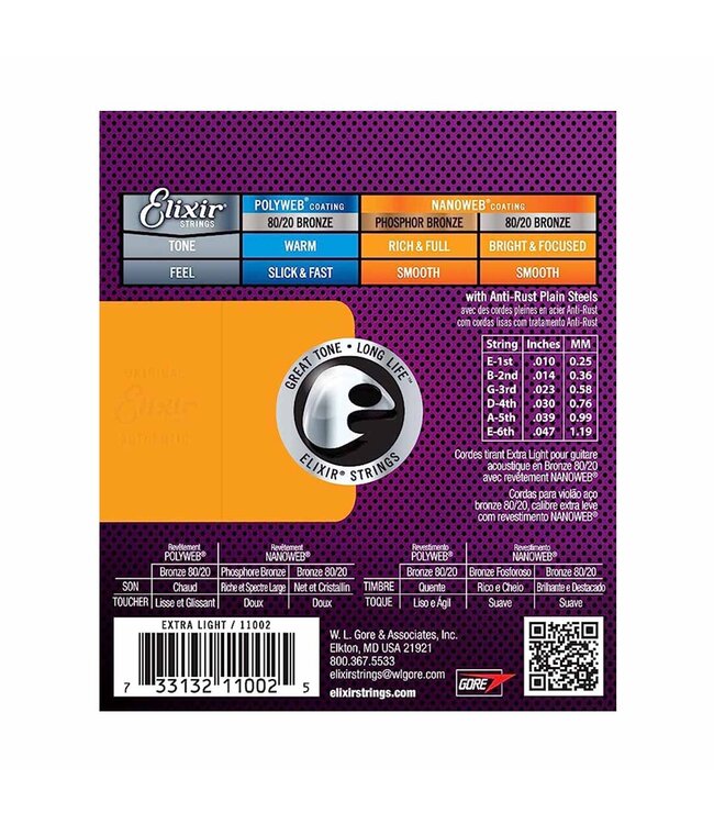 Elixir Nanoweb Extra Light 11002 80/20 Acoustic Guitar Strings - .010-.047