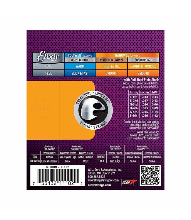 Elixir Strings 11102 Nanoweb 80/20 Acoustic Guitar Strings - .013-.056 Medium