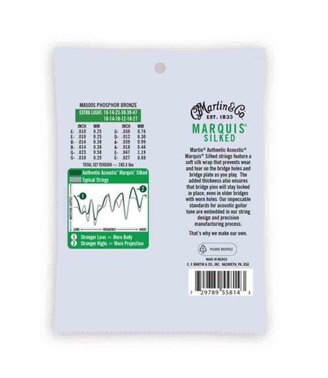 Martin MA500S Authentic Acoustic Marquis Silked 92/8 Phosphor Bronze Guitar Strings - .010-.047 Extra Light 12-string