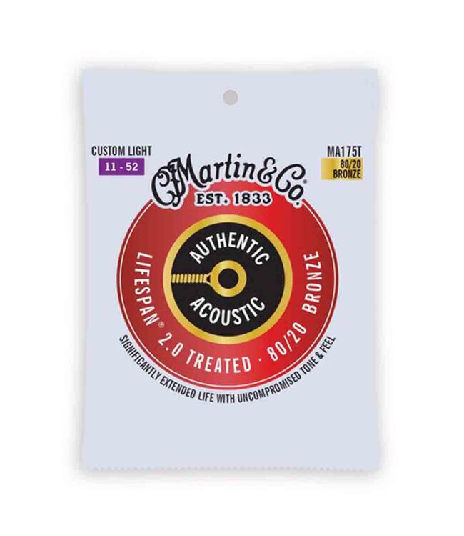Martin MA175T Authentic Acoustic Lifespan 2.0 Treated 80/20 Bronze Guitar Strings - .011-.052 Custom Light