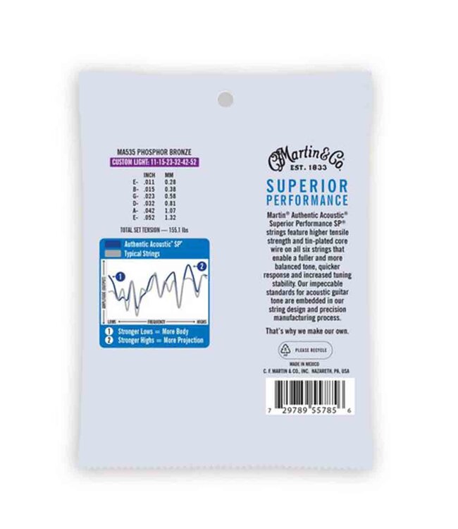 Martin MA535 Authentic Superior Performance Phosphor Bronze Acoustic Guitar Strings - .011-.052 Custom Light