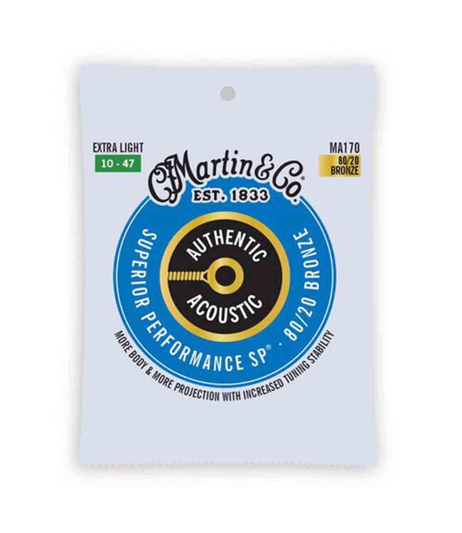 Martin MA170 Authentic Acoustic Superior Performance 80/20 Bronze Guitar Strings - .010-.047 Extra Light