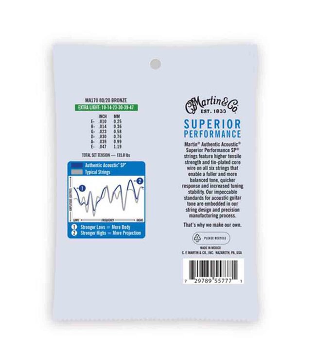 Martin MA170 Authentic Acoustic Superior Performance 80/20 Bronze Guitar Strings - .010-.047 Extra Light