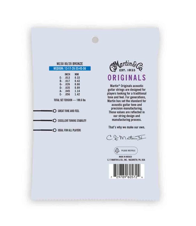 Martin MA150 Authentic Acoustic Superior Performance 80/20 Bronze Guitar Strings - .013-.056 Medium