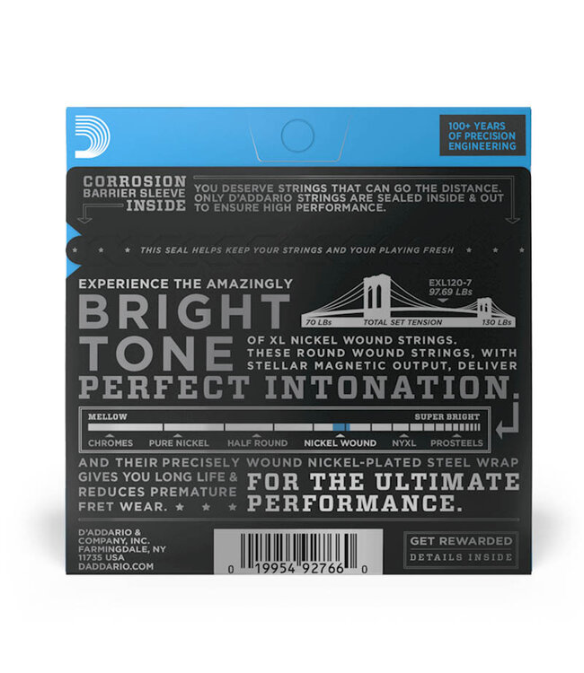 D'Addario EXL120-7 XL Nickel Wound Electric Guitar Strings - .009-.054 Super Light 7-string