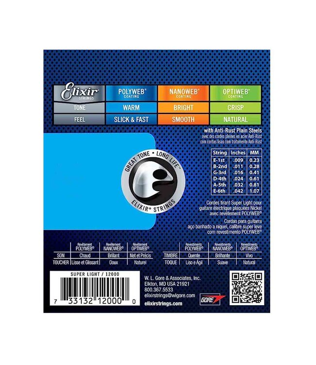 Elixir Strings 12000 Polyweb Electric Guitar Strings - .009-.042 Super Light
