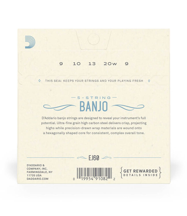 D'Addario EJ60 Nickel Plated Steel Banjo Strings - .009-.020 Light 5-string