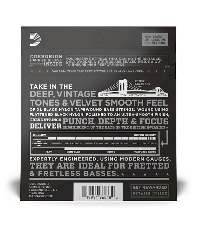 D'Addario ETB92 XL Nylon Tapewound Bass Guitar Strings - .050-.105 Medium Long Scale