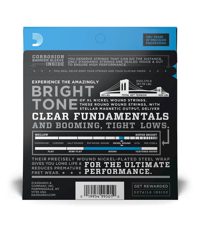 D'Addario EXL170-5 Nickel Wound Bass Guitar Strings - .045-.130 Regular Light, Long Scale, 5-string