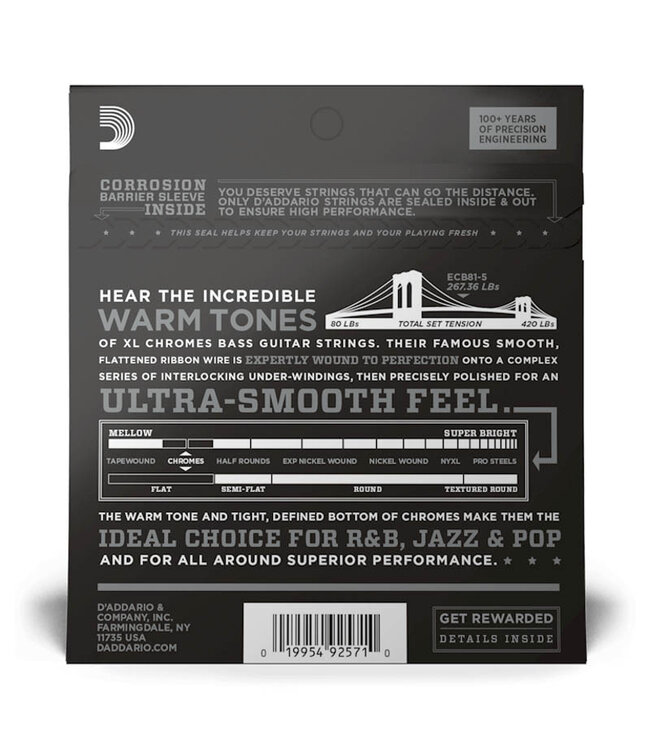 D'Addario XL Chromes Flatwound ECB81-5 Bass Guitar Strings -.045-.132 Regular Light, Long Scale, 5-string