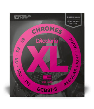 D'Addario D'Addario XL Chromes Flatwound Bass Guitar Strings -.045-.132 Regular Light, Long Scale, 5-string D'Addario D'Addario XL Chromes Flatwound Bass Guitar Strings -.045-.132 Regular Light, Long Scale, 5-string