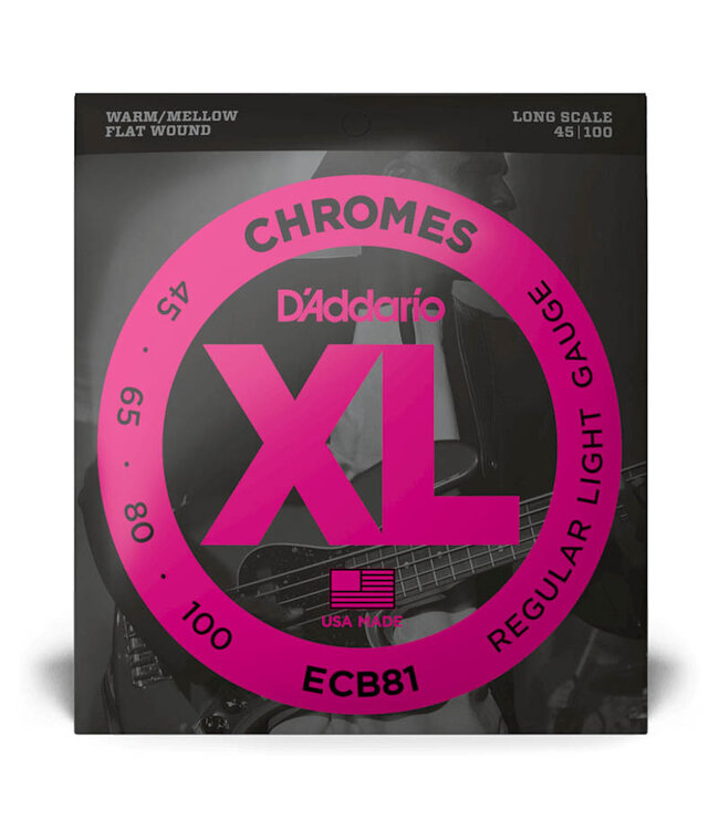 D'Addario XL Chromes Flatwound Bass Guitar Strings -.045-.100 Regular Light, Long Scale