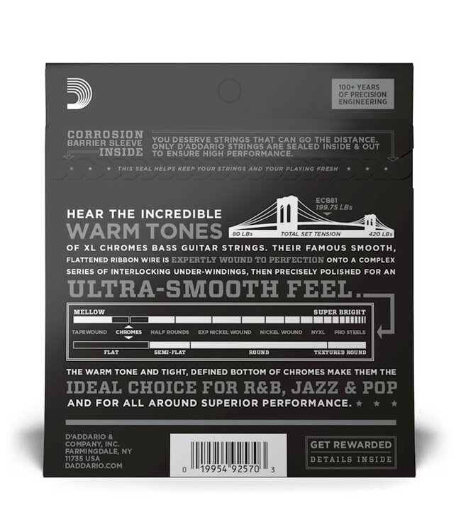 D'Addario XL Chromes Flatwound ECB81 Bass Guitar Strings -.045-.100 Regular Light, Long Scale