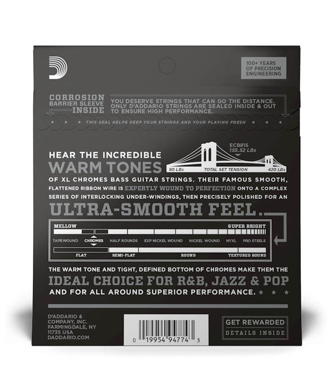 D'Addario XL Chromes Flatwound Bass Guitar Strings -.045-.100 Regular Light, Short Scale