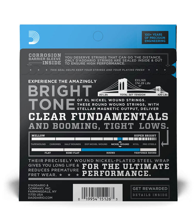 D'Addario EXL165 Nickel Wound Bass Guitar Strings - .045-.105 Regular Light Top/Medium Bottom Long Scale