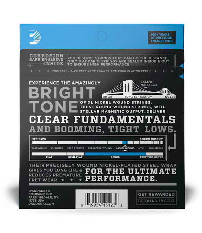 D'Addario EXL170 Nickel Wound Bass Guitar Strings - .045-.100 Regular Light Long Scale