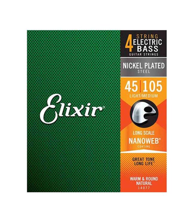 Elixir Strings 14077 Nanoweb Electric Bass Guitar Strings - .045-.105 Light/Medium, Long Scale