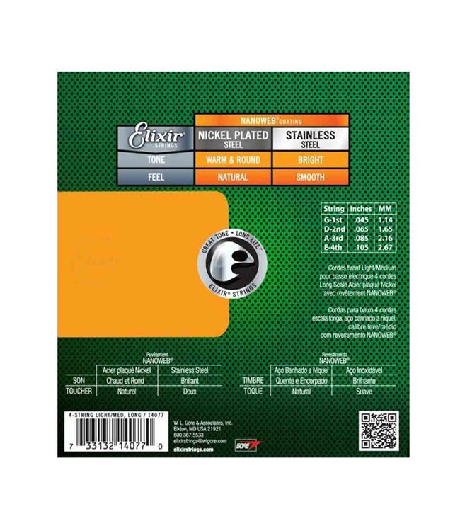 Elixir Strings 14077 Nanoweb Electric Bass Guitar Strings - .045-.105 Light/Medium, Long Scale