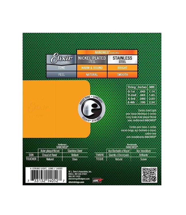 Elixir Strings 14052 Nanoweb Electric Bass Guitar Strings - .045-.100 Light Long Scale