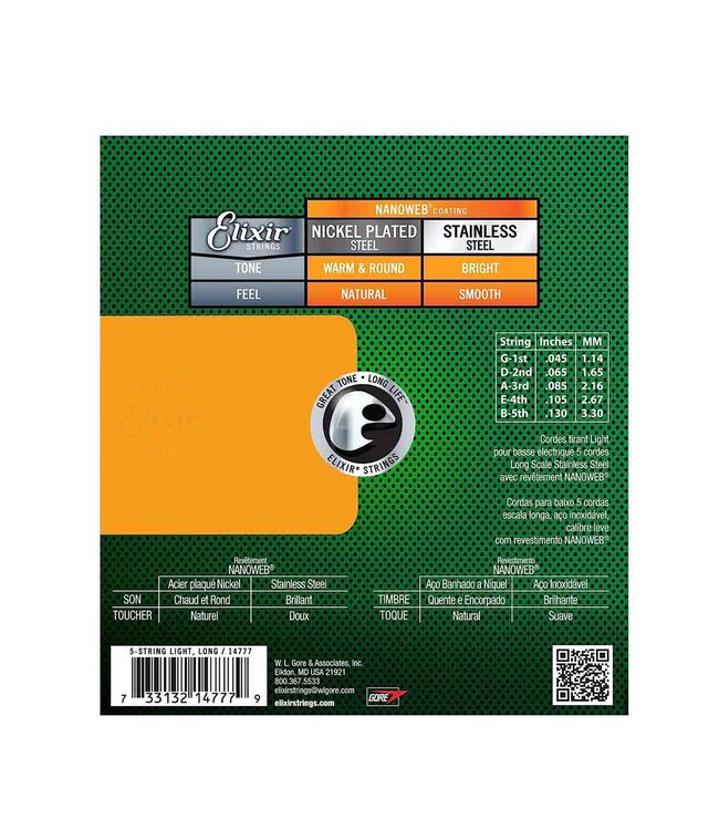 Elixir Strings 14202 Nanoweb Electric Bass Guitar Strings - .045-.130 Light Long Scale, 5-string