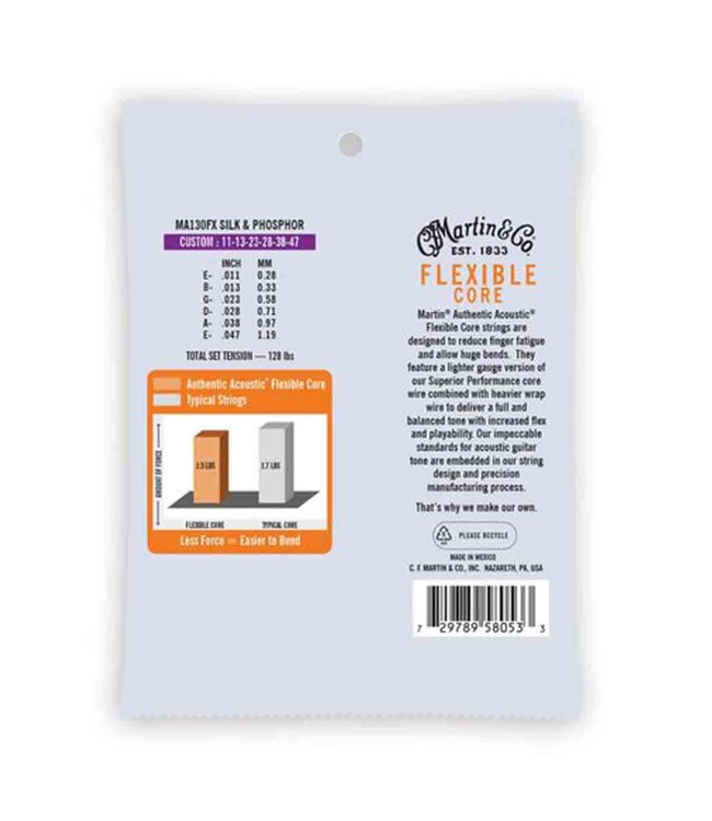Martin MA130FX Authentic Flexible Core Silk & Phosphor Acoustic Guitar Strings - .011-.047 Custom Light