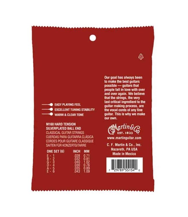 Martin M160 Hard Tension Silverplated Ball End Classical Guitar Strings 28-43