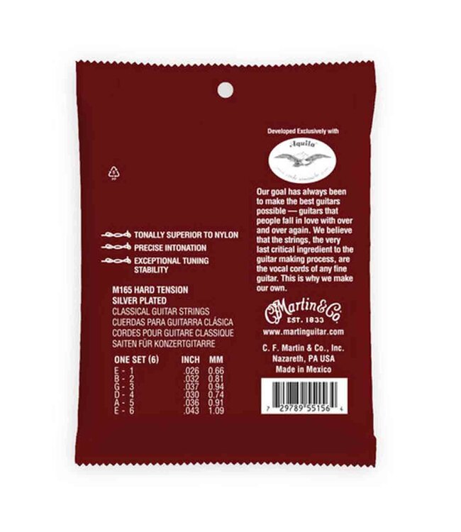 Martin M165 Hard Tension Silverplated Plain End Classical Guitar Strings 26-43