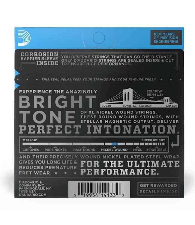 D'Addario EXL110W XL Nickel Wound Electric Guitar Strings - .010-.046 Regular Light Wound 3rd