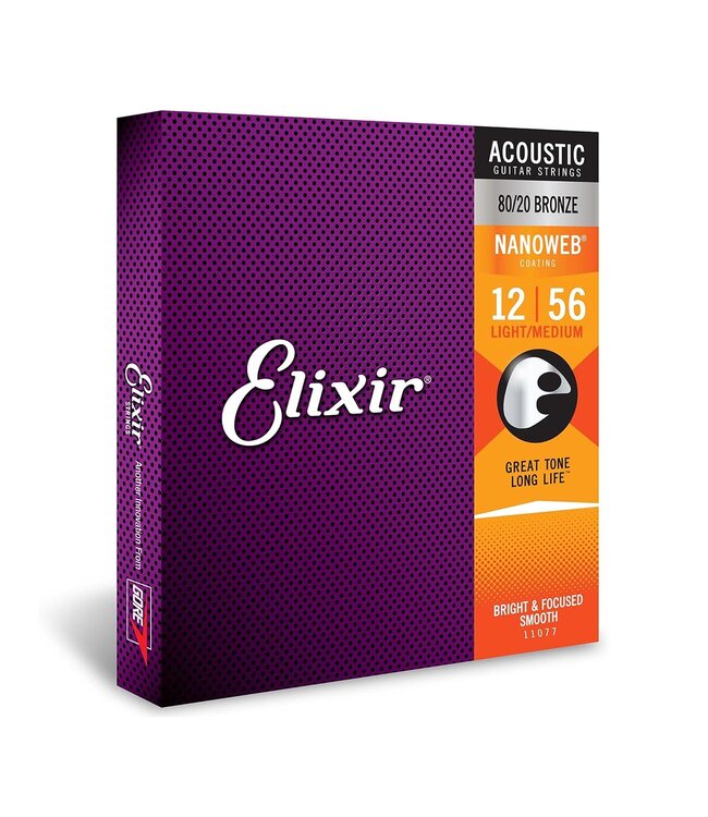 Elixir Light/Medium Nanoweb 80/20 Acoustic Guitar Strings 12-56