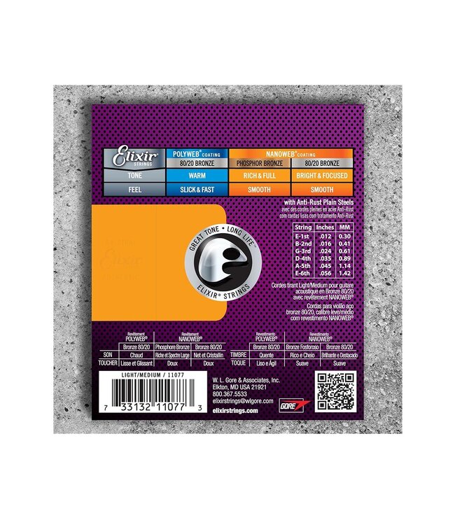 Elixir Strings 11077 Nanoweb 80/20 Acoustic Guitar Strings - .012-.056 Medium Light