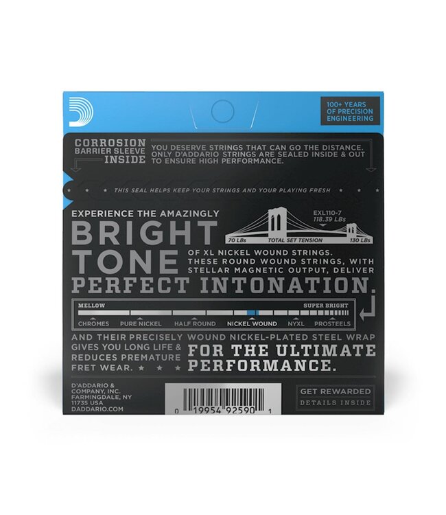 D'Addario EXL110-7 XL Nickel Wound Electric Guitar Strings - .010-.059 Regular Light 7-string