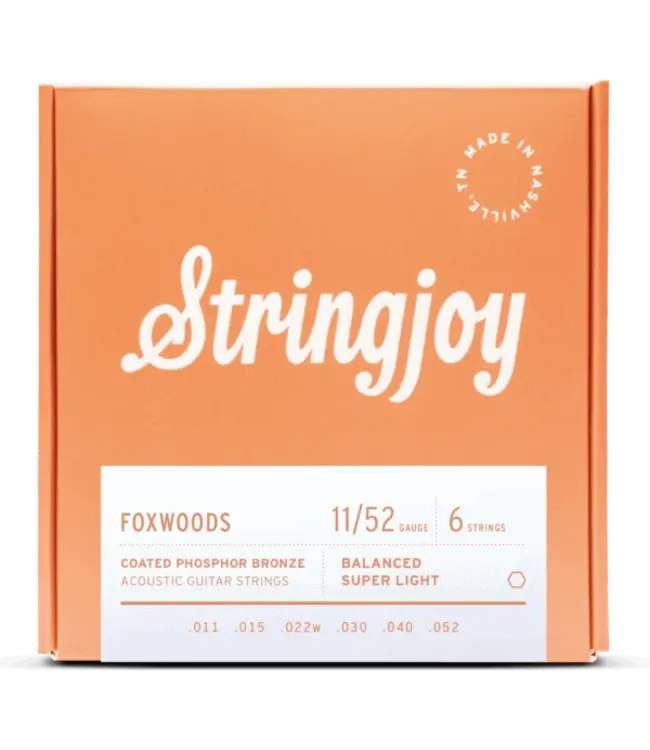 Stringjoy Foxwoods coated phosphor bronze acoustic guitar strings deliver warm tone, smooth feel, and long-lasting performance in multiple gauges.