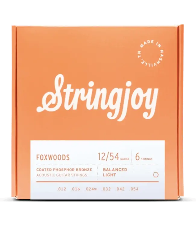 Stringjoy Foxwoods coated phosphor bronze acoustic guitar strings deliver warm tone, smooth feel, and long-lasting performance in multiple gauges.