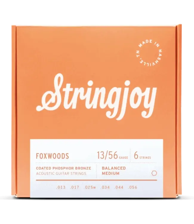 Stringjoy Foxwoods coated phosphor bronze acoustic guitar strings deliver warm tone, smooth feel, and long-lasting performance in multiple gauges.