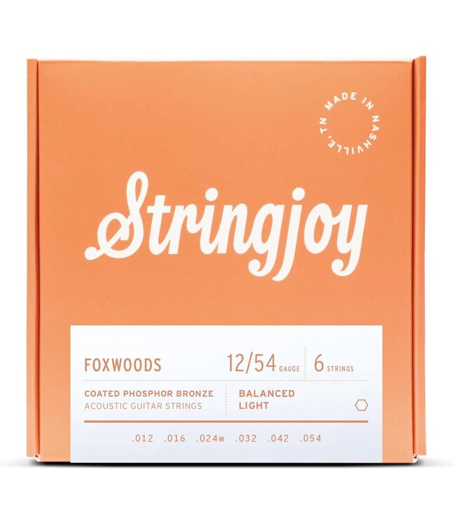 Stringjoy Foxwoods coated phosphor bronze acoustic guitar strings deliver warm tone, smooth feel, and long-lasting performance in multiple gauges.