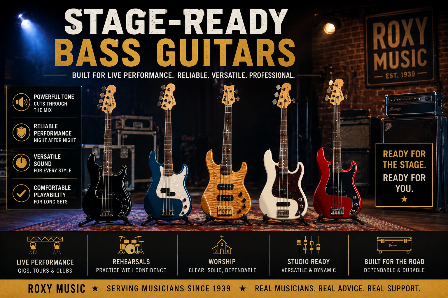 Stage Ready Bass Guitars | Roxy Music La Porte