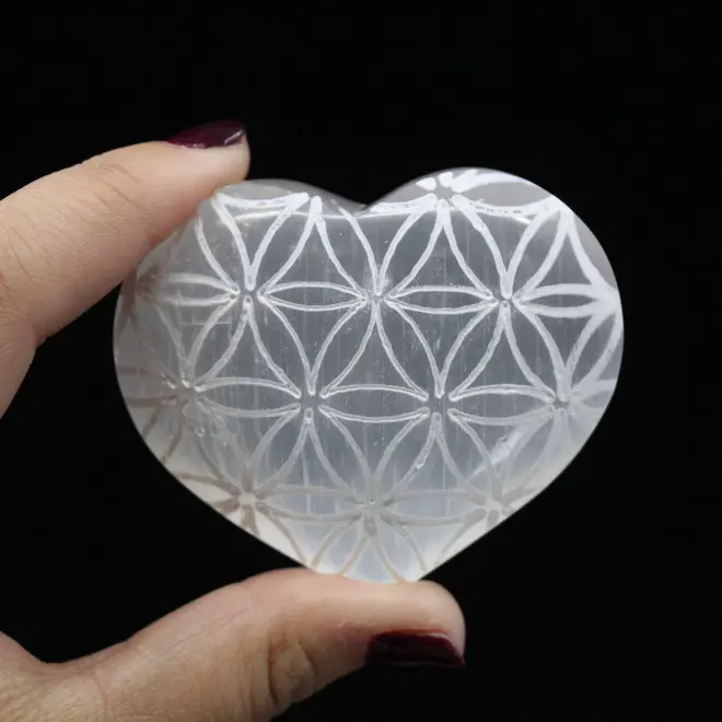 Selenite/Satin Spar Flower of Life Engraved Heart 3"