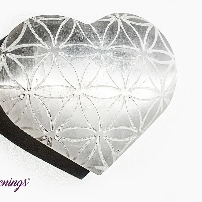 Selenite/Satin Spar Flower of Life Engraved Heart 3"