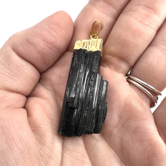 Black Tourmaline Pendant - Rough Gold Plated