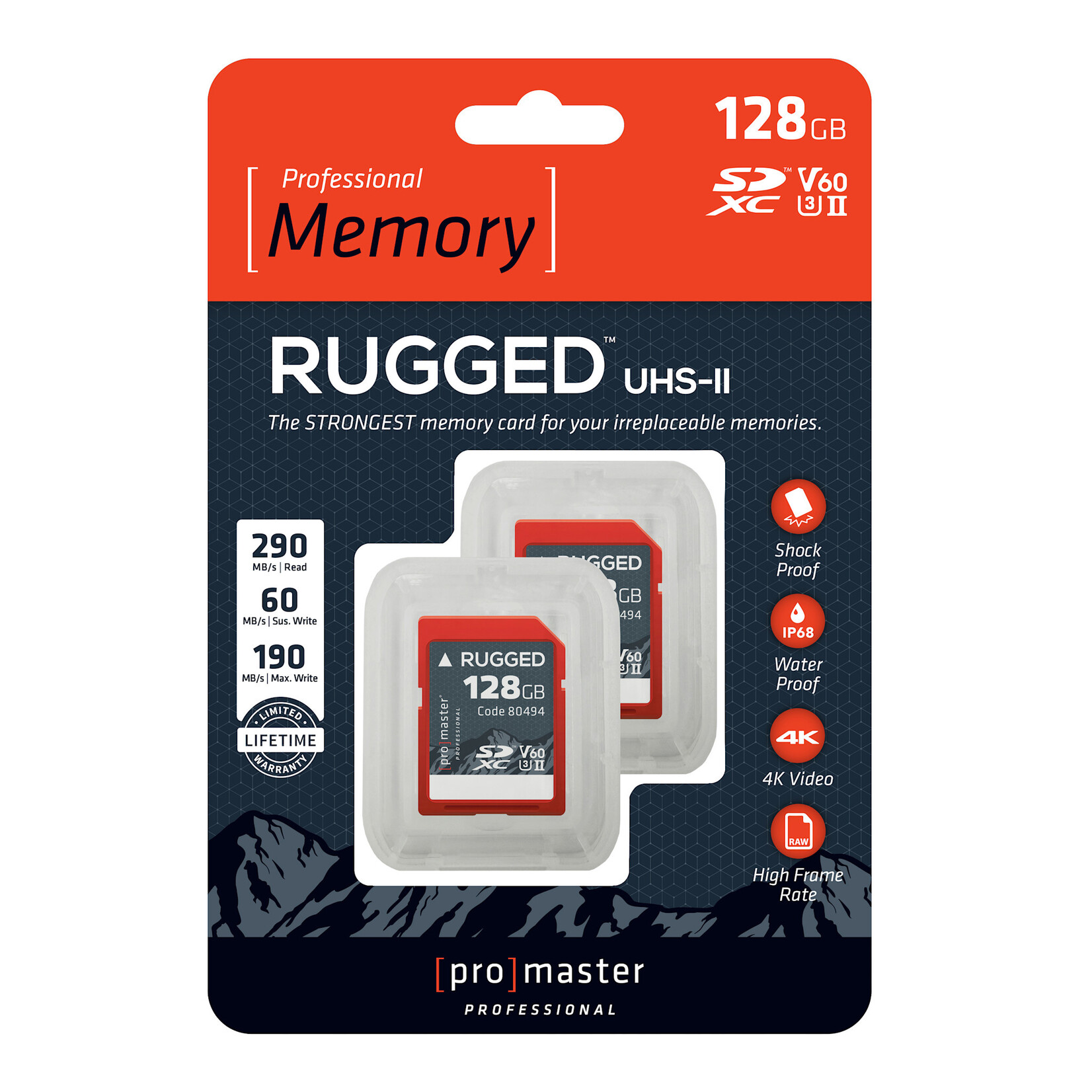 Promaster PRO Progessional 128GB SDXC Rugged™ UHS-II V60 Memory Card - 2 Pack